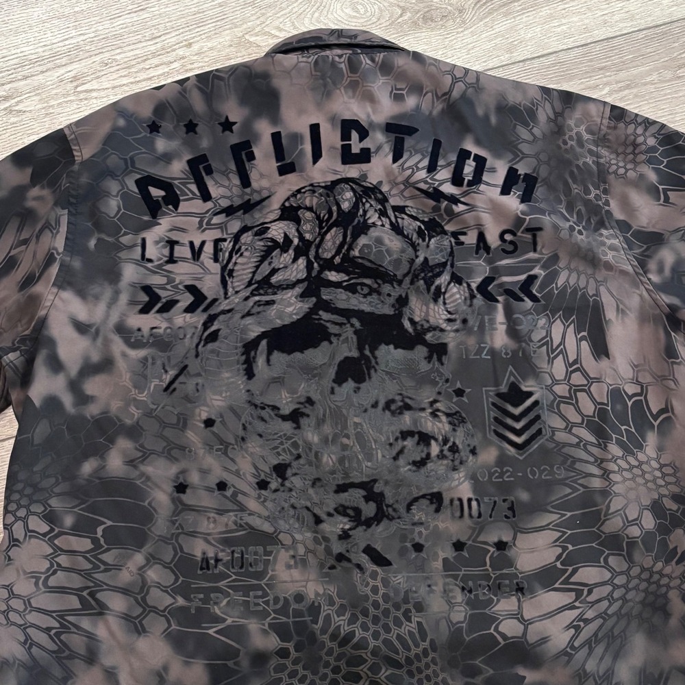 Affliction Button Down Shirt Mens XL Brown Hex Camo Skull Graphic Tactical Edgy